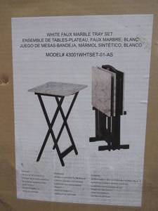 lot 403 image: LINON White Faux Marble Top TV Tray Set With Stand, 43001WHTSET-01-AS