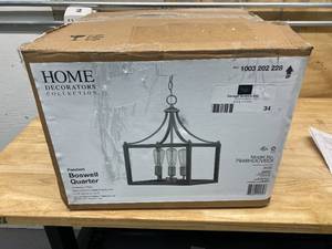 lot 34 image: Home Decorators Collection Boswell Quarter 3-Light Vintage Brass Chandelier with Painted Black Distressed Wood Accents