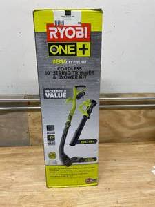 lot 79 image: Ryobi ONE 18-Volt Lithium-Ion String TrimmerEdger and BlowerSweeper Combo Kit