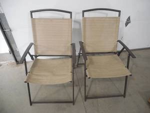 lot 27 image: (2) Brown Steel Sling Outdoor Patio Dining Chair in Riverbed Taupe