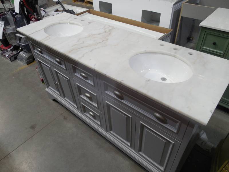 lot 116 image: Sadie 67 in. W x 21.5 in. D Vanity in Dove Grey with Marble Vanity Top in Natural White with White Sinks