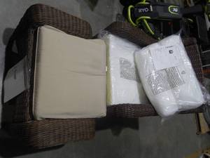 lot 37 image: OUTDOOR PATIO WICKER CHAIR & OTTOMAN