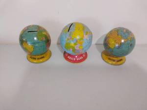 lot 183 image: 3 Vintage Metal Globe Banks