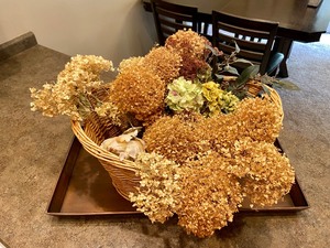 lot 16 image: Wicker Basket, Metal Decorative Tray, Dried & Faux Flowers