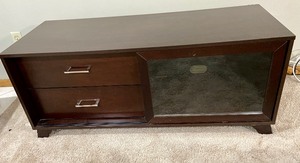 lot 128 image: Wood Entertainment Stand w Sliding Door