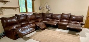 lot 136 image: Fabulous Brown 3 Piece Reclining Sectional Sofa People Loungers- Real Leather