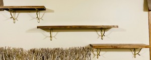 lot 147 image: 3 Cool Wood Shelves w Gold Branch Motif Brackets
