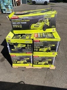 ASSORTED PALLET WITH 5 RYOBI ELECTRIC MOWERS SEE PICS
