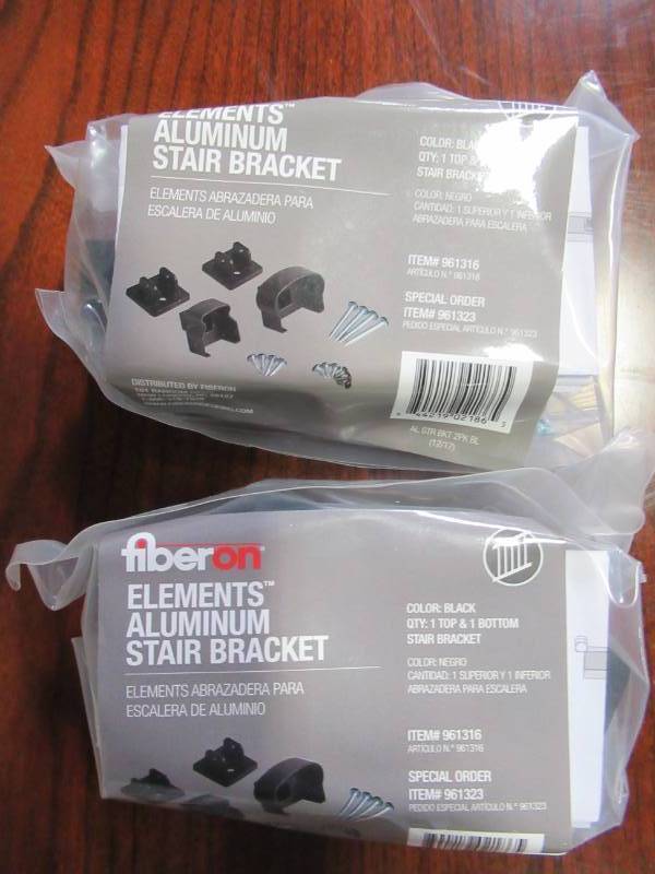 lot 401 image: 2 Packs of Fiberon Elements Railing Black Aluminum Stair Connectors, AL STR BKT 2PK BL - NEW