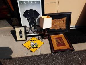 Lot Of Safari Art, Elephant Lamp & Pictures