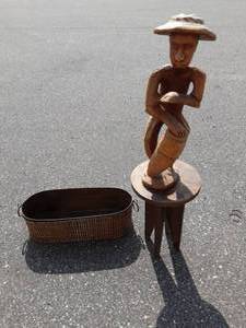 Small Wood Stand, Wood Carving, Wicker Covered Metal Planter