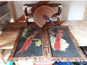 Pair Of Feather Bird Pictures, Wall Shelf, Wicker Fan