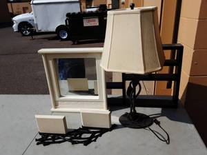 Lamp, Mirror, 2-Wood Wall Shelves