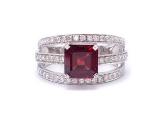 High Grade Garnet and Diamond Three Row Split Shank Estate Ring in 18k White Gold