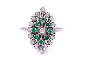 Elegant Natural Emerald and Diamond Cluster Estate Ring in 14k White Gold $3100