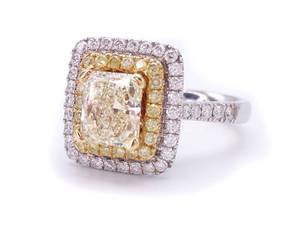 2.18 ctw Radiant VS2 Fancy Yellow Natural Diamond Double Halo Estate Ring in 18k White Gold $18,940 Appraisal