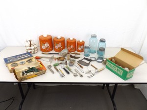 lot 91 image: Large Lot of Vintage Kitchen Ball Mason, Utensils, etc.