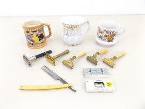lot 12 image: Lot of Vintage Gillette etc. Razors, Shaving Mugs, etc.