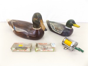 lot 14 image: Lot of Vintage Lures, Fishing Reel and 2 Carved Wood Duck Decoys