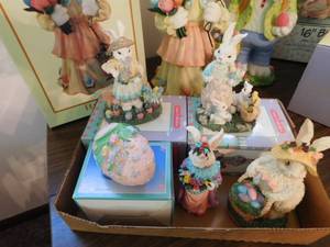 2 - Large Easter Rabbit Figurines with Smaller Figurines