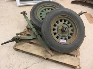 lot 507 image: WOOD SPOKE WHEELS WITH TIRES, AXEL AND SPRINGS