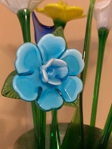 lot 2 image: Green Handled Pottery Vase with Glass Flowers
