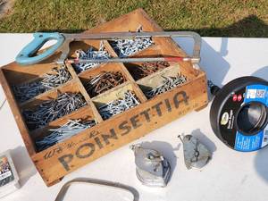 Vintage Wooden Box  w Assorted Nails & Misc Tools
