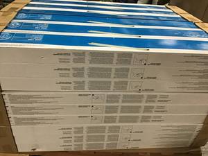 lot 13 image: Pallet with Commercial Electric Steel Plate 2-Lamp Hanging Fluorescent Silver ShopLight New