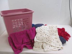 lot 98 image: Clothes hamper, afghans, blankets