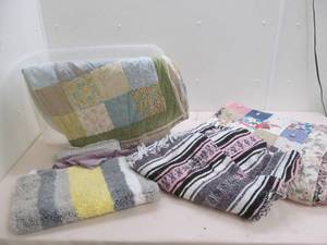 lot 304 image: Quilts, afgan, rug, 20 gallon storage box