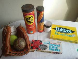 lot 166 image: Vintage Glove, Ball, Games, Krazy Ikes, Checkers, Yahtzee and more
