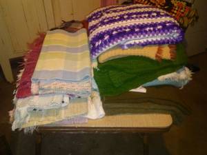 lot 535 image: Mid-Century table with contents, wool blankets, Afghans and more