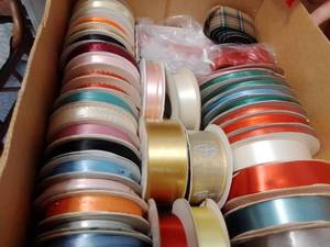 lot 130 image: Huge lot of Craft items, paper ribbon, craft accessories, fabric squares, ribbon, bias tape, beads, thread, yarn and so much more