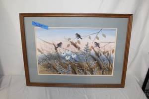 lot 176 image: 1989  Birds In Bush  by Byron Addison Wells (MN Artist)  Matted Framed Art