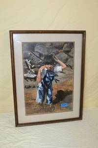 lot 5 image: 1990  Boy Hauling Wood  by Mr. Bain  Matted Framed Art
