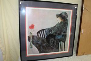 lot 19 image: Woman with Rose  by Barhard Alwool  #573975  Matted Framed Print