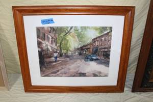 lot 41 image: Streetscape  by May Dajil  Matted Framed Watercolor
