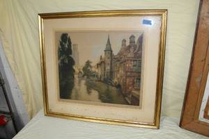 lot 43 image: Canal  by Julian Melef  Matted Framed Vintage Colored Engraving