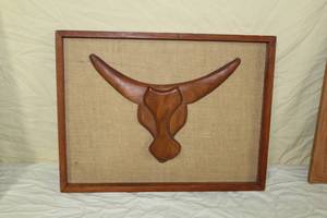lot 55 image: 1977  Bull Head  by Susan Mac  Framed 3D Wood Carving