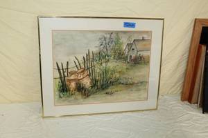 lot 49 image: Cream Cans & Well Houses  by Olga Aalgaard  Framed Professional Watercolor and Ink