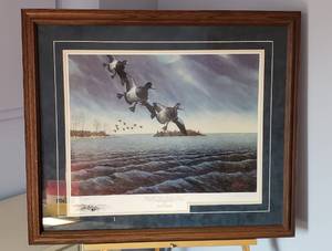 lot 97 image: Les Kouba Print BLUEBILLS VISIT INDIAN POINT  Framed, Signed and Numbered