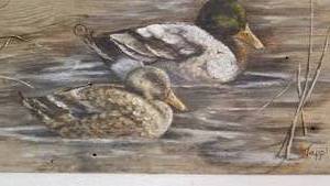 lot 89 image: Shirley Tapp Acrylic on Barnwood of Two Swimming Ducks