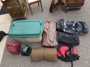 Tote With Lid, Lantern With Case, Large Tarp, Rolling duffel Bag, Thermarest Roll-Up Camping (Sleeping) PadChair