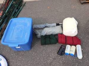Tote With Lid, Tent, Sleeping Mat, Sleeping Bags, Water bottles, Flashlight
