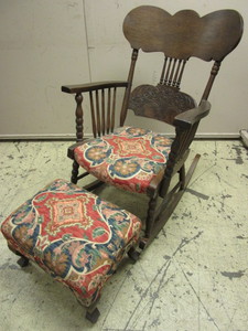 lot 107 image: VINTAGE WOOD ROCKING CHAIR AND OTTOMAN
