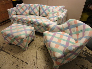 lot 109 image: AVERY BOARDMAN HIDE-A-BED SOFA, WITH MATCHING CHAIR AND OTTOMAN