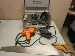 lot 126 image: ROCKWELL ROUTER BASE,  PORTER-CABLE ABRASIVE PLANE,  MCGRAW-EDISON 14 DRILL, STELLAR HANDSAW