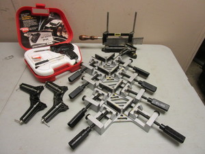 lot 127 image: STANLEY PICTURE FRAME MITER BOX, CORNER CLAMPS, FRAME CLAMPS, SOLDERING GUN, DECORATIVE FRAMES