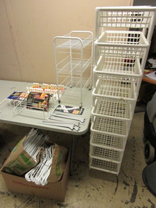 lot 128 image: ORGANIZING SUPPLIES, BASKETS, EXPANDABLE RACKS, IRONING CADDY, CLOTHES HANGERS, CART, MORE