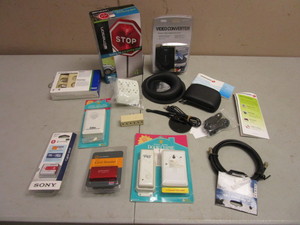 lot 133 image: ASSRTD. ELECTRONICS AND ACCESSORIES,  WIRELESS DOOR CHIME, VIDEO CONVERTER,  SONY BATTERY, MORE